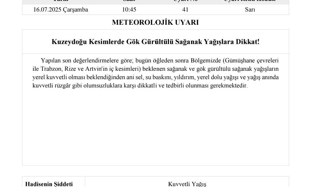 Meteoroloji Genel Müdürlüğü, Gümüşhane için "Sarı Kod" ile yeni bir