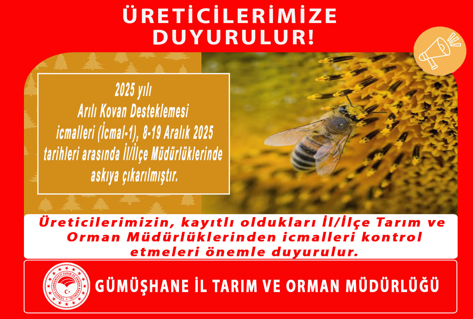 Gümüşhane İl Tarım ve Orman Müdürlüğü, 2025 Yılı Arılı Kovan