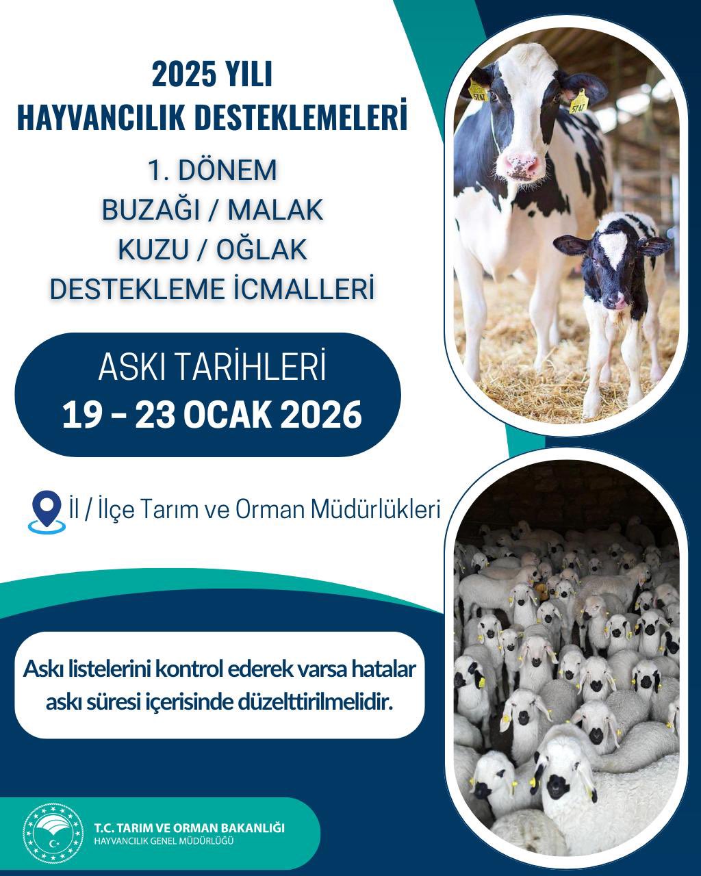2025 yılı 1. dönem buzağı/malak ile kuzu/oğlak destekleme icmalleri, 19–23
