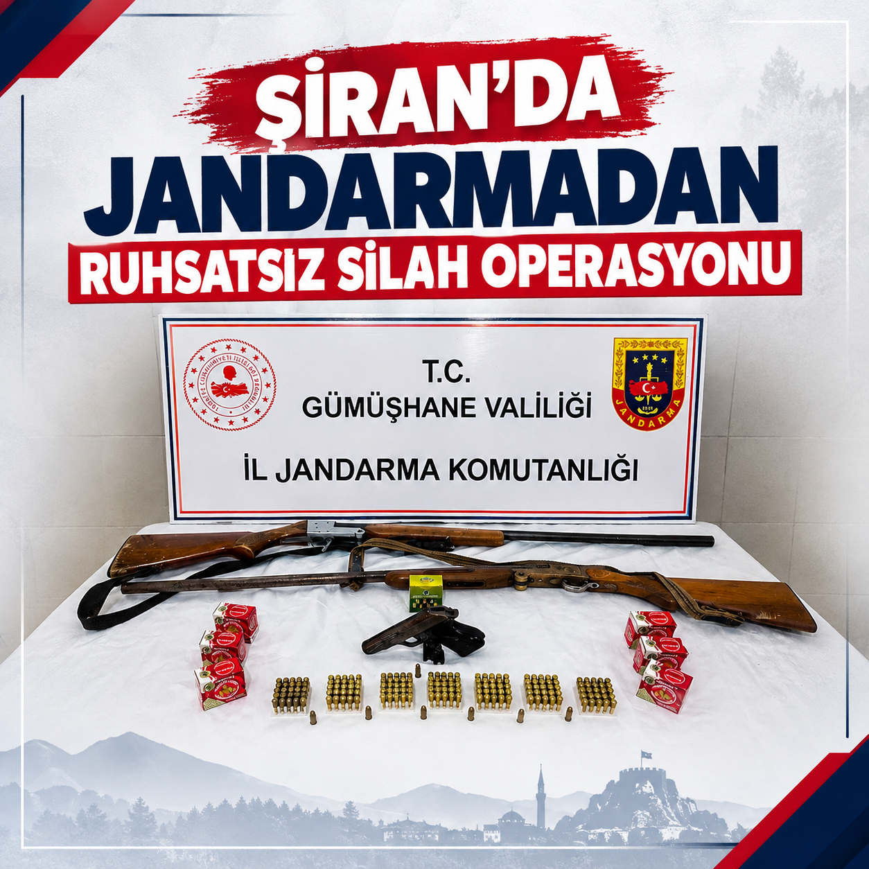 Gümüşhane’nin Şiran ilçesinde jandarma ekiplerince düzenlenen operasyonda ruhsatsız tabanca, av
